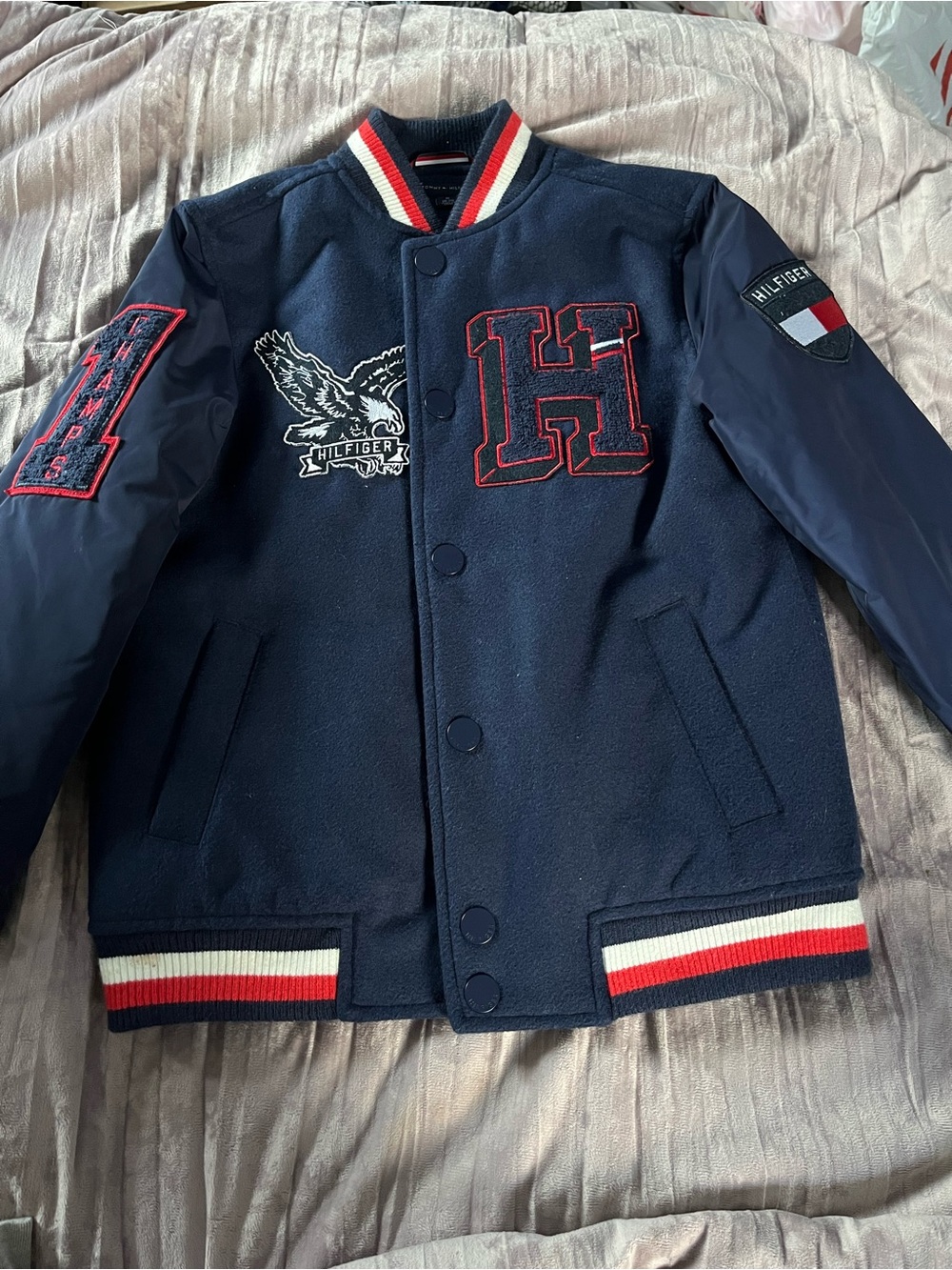 Tommy Hilfiger Navy Varsity Bomber Jacket with Red & White Trim